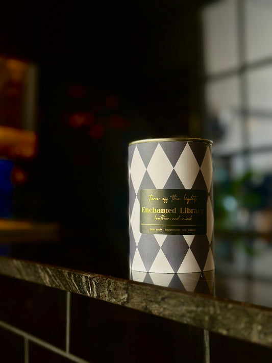 Enchanted Library upcycled tin candle